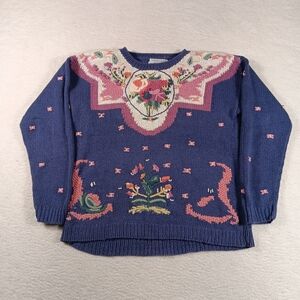 Vintage Nuggets Sweater Womens Medium Purple Knit Floral Grandma CottageCore